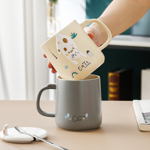 猫咪马克杯带盖陶瓷杯子创意个性猫尾巴办公室卡通ins家用咖啡杯