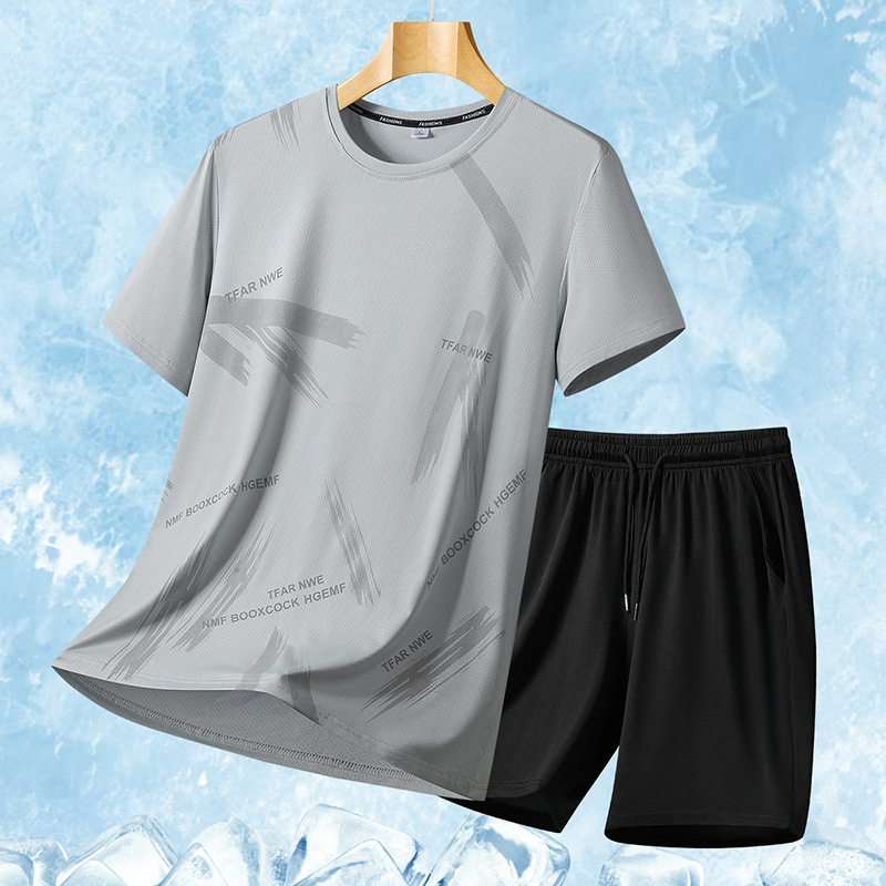 2025 nuevo traje de manga corta de seda de hielo real para hombre de verano, pantalones de dos piezas para hombre, traje de ocio deportivo, pareja al aire libre