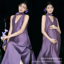 影楼法式高级紫色飘带V领无袖吊带连衣裙孕妇新款光泽感度假长裙