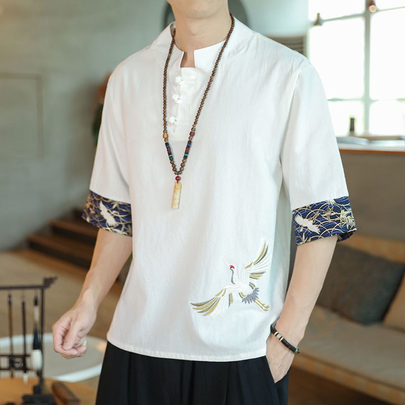 中国風tシャツ男性夏の薄いツル刺繍綿麻半袖tシャツ男ゆるい盤ボタン五分半袖男|undefined