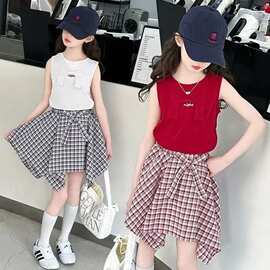 女童夏季时尚穿搭套装裙新款中大童背心格子半身裙韩版休闲两件套