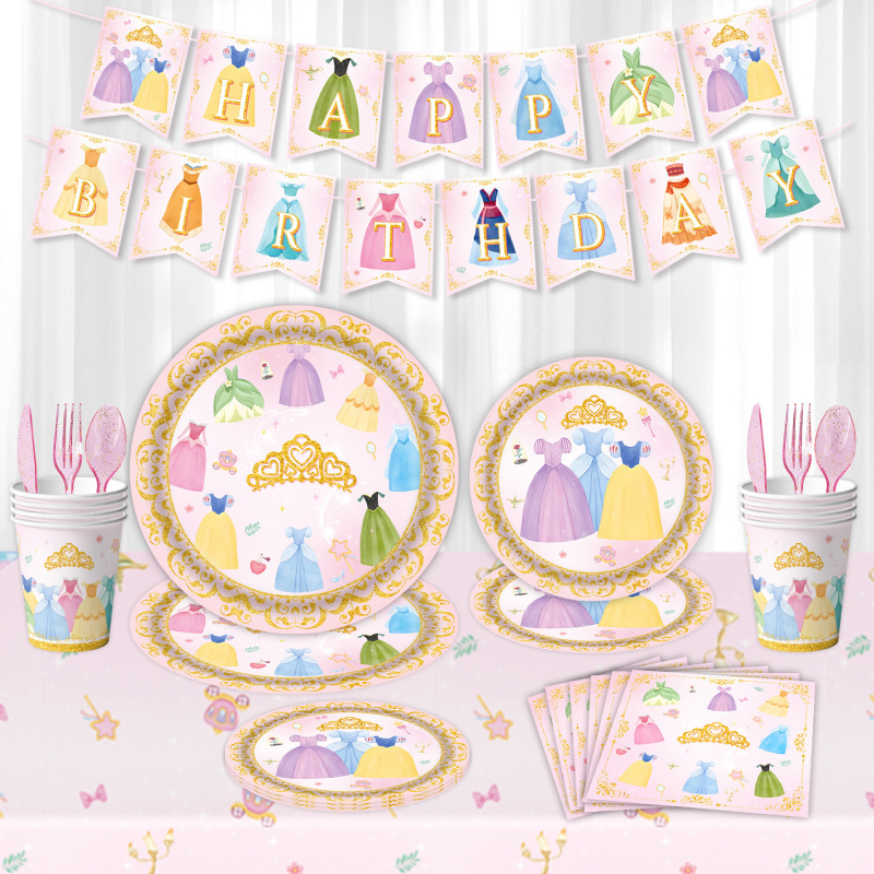 Cross-Border New Princess Dress Theme Party Decoration Tableware Supplies One-Year-Old Gift Arrangement Supplies Festive Atmosphere Props Cross-Border New Princess Dress Theme Party Decoration Tableware Supplies One-Year-Old Gift Arrangement Supplies Festive Atmosphere Props