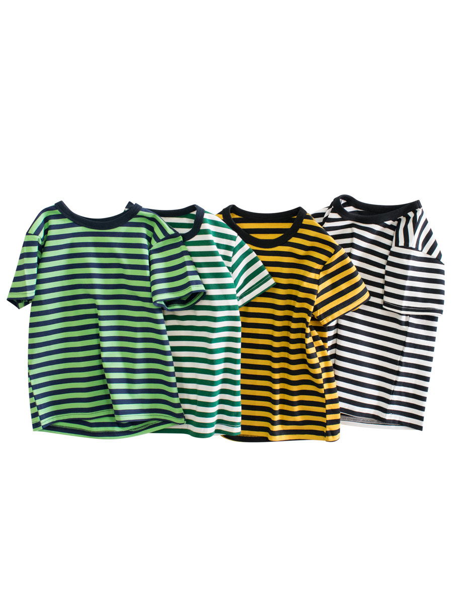 27kids ropa para niños verano camiseta de manga corta para niños ropa de bebé a rayas simples para niños top de cuello redondo cabello de una pieza