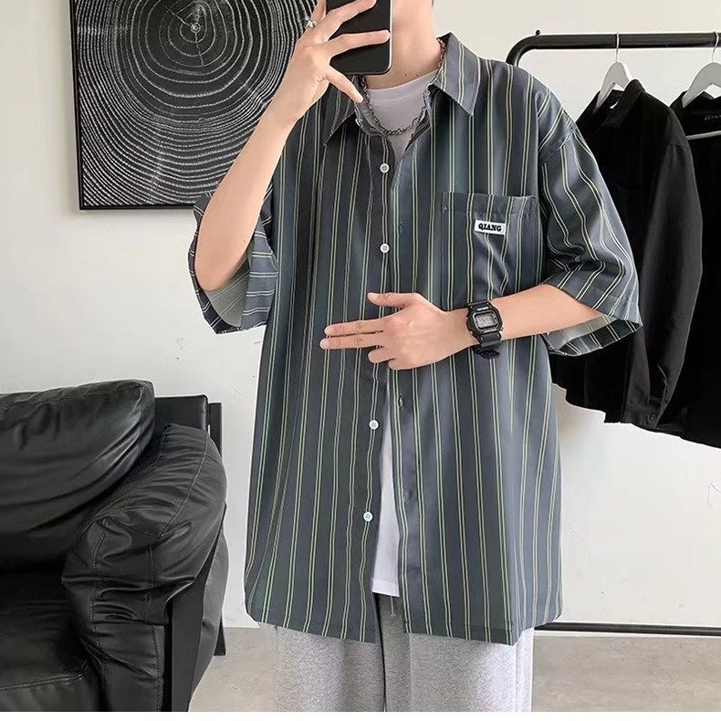 Striped Shirt Men's Hong Kong-style Japanese-style Summer Design Sense Top Trendy Short-sleeved Shirt Casual Thin Jacket