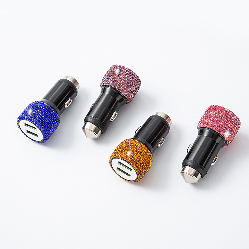 Chargeur de téléphone créatif avec chargeur de voiture en cristal incrusté de diamant, multifonctionnel une à deux têtes de chargement USB doubles_voghion.com