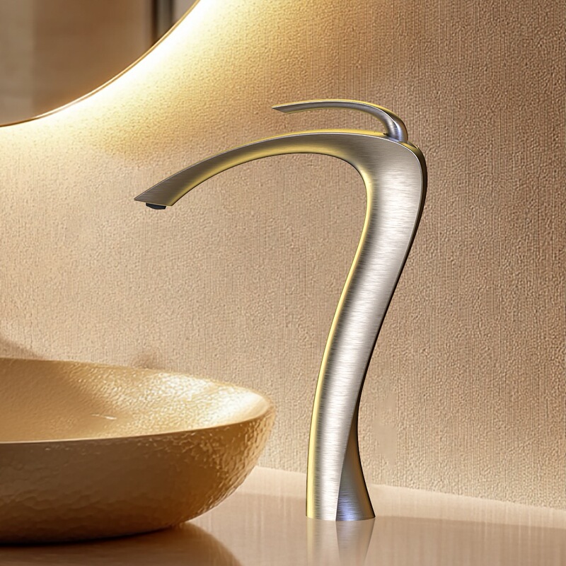Hot and Cold Basin Faucet for Washbasin, Shower Room, Countertop Basin, Household Use, Elevated Design, Brushed Nickel, All-Copper Faucet