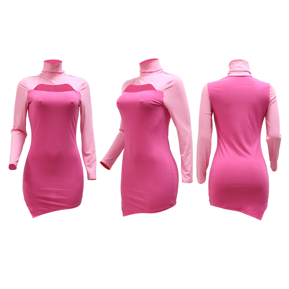 Color Matching Long-Sleeved Irregular Sheath Dress NSCYF116998