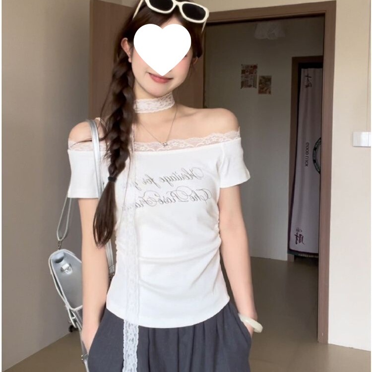 Off-Shoulder Short-Sleeve Top with a Boat Neck, 0g Lace, 40t Shirt Fabric, Imitation 22 Letter Print, Cotton, White, Other