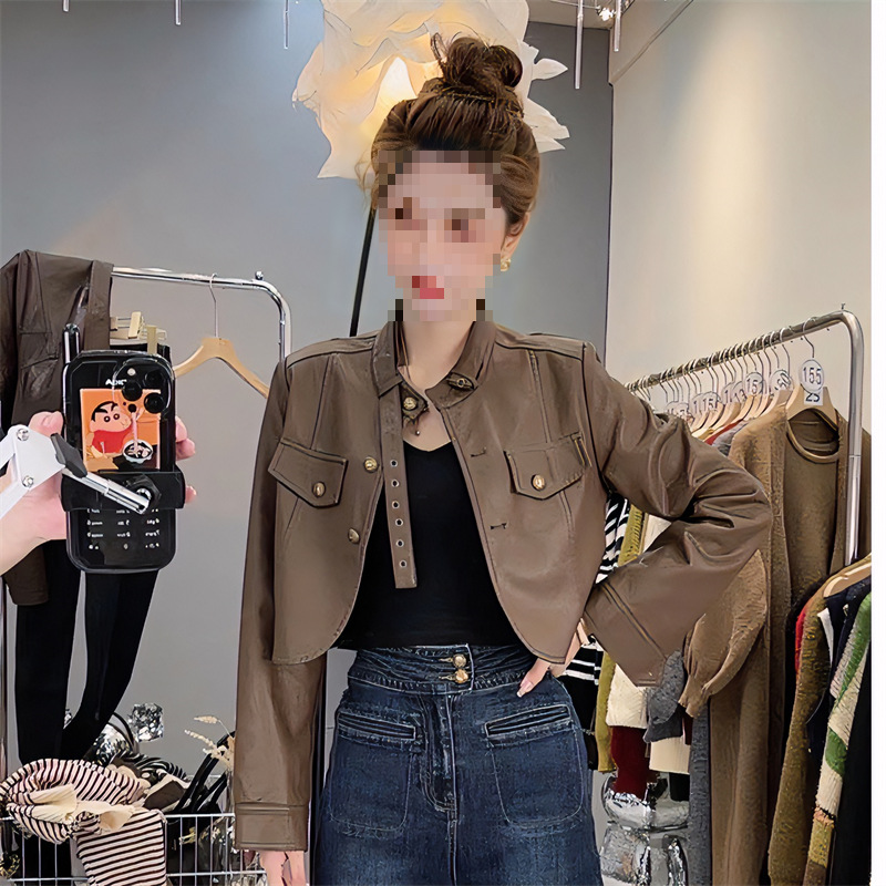 秋冬新款立领皮衣短外套女宽松显瘦设计感小众机车风夹克上衣