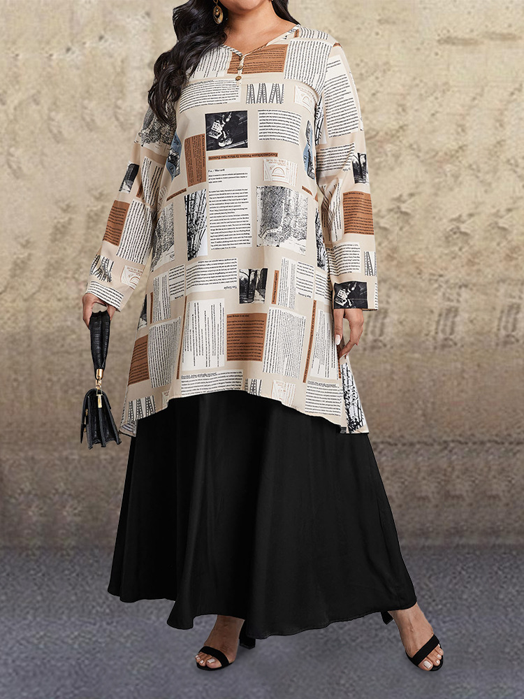 2021春季新款连衣裙印花民族风圆领套头假两件大码女装长款连衣裙|ms