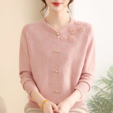 妈妈装春秋长袖打底衫中年女士宽松上衣服中老年人春夏套装薄毛衣