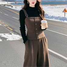 2024冬韩系高级感名媛气质小香风咖色针织背带上衣裤子两斤套装女