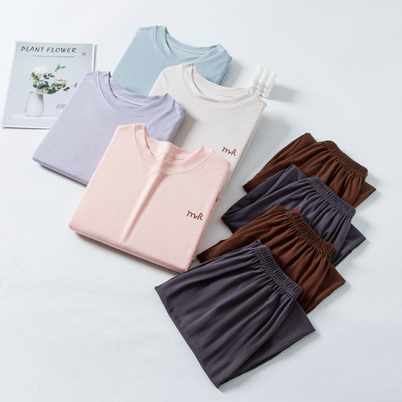 Summer Ice Sense Teenagers Solid Color Crewneck Home Clothes for Boys and Girls Stretch Short-sleeved Pants Pajamas Two-piece Set