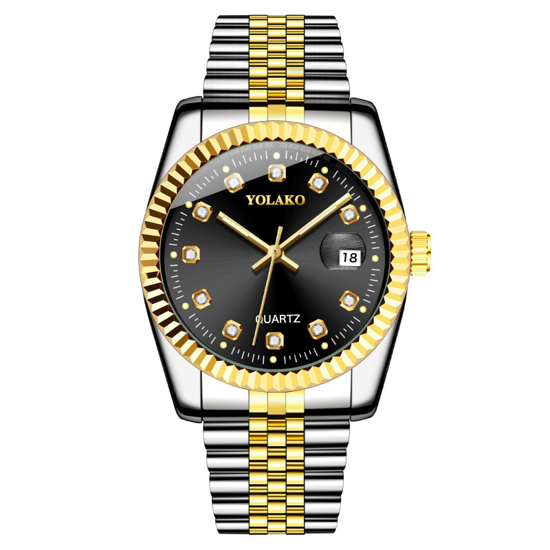 moda popular Relógio de ouro clássico com diamantes incrustados Relógio masculino Relógio masculino Cinto de aço Relógio masculino não mecânico_voghion.com