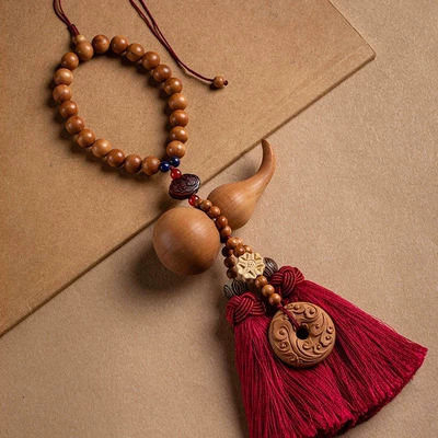 wood car pendant 2024 new: Car hanging - gourd-tassel-joyful-red
