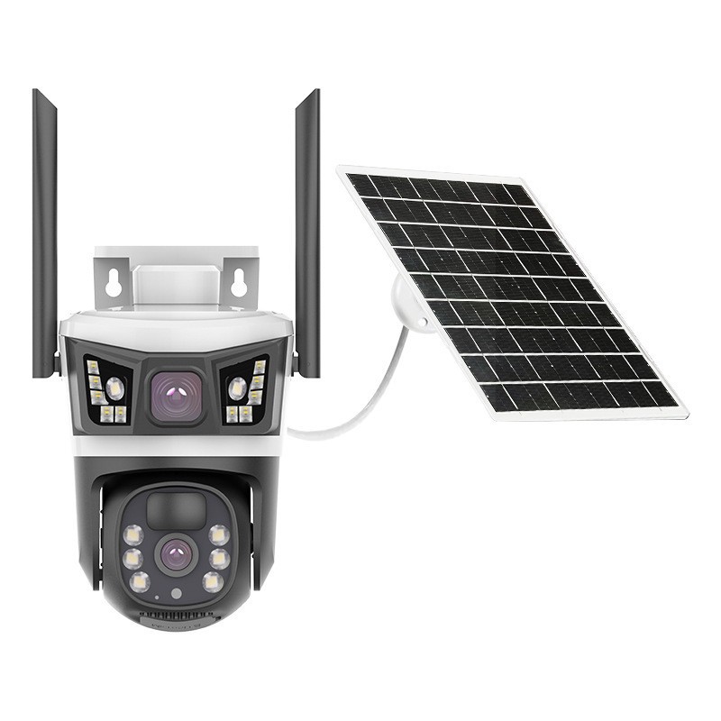 Cámara inteligente panorámica 4G solar, tres lentes, bajo consumo de energía, monitor de voz bidireccional para exteriores, venta caliente transfronteriza