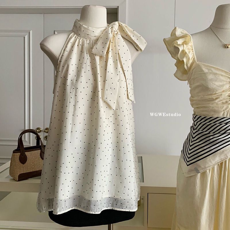 French-Style Tie-Neck Sleeveless Blouse for Women, Summer Fresh Polka Dot Ultra-Fairy Vest, Loose and Stylish Top French-Style Tie-Neck Sleeveless Blouse for Women, Summer Fresh Polka Dot Ultra-Fairy Vest, Loose and Stylish Top