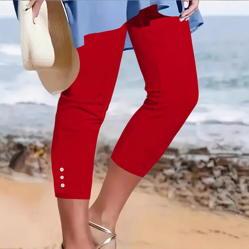 Cross-Border New Style Women's Elegant Color Capri Pants with Elastic Button Design, Machine Washable, Suitable for Spring and Summer, Casual and Formal Wear, Can Be Worn Outside