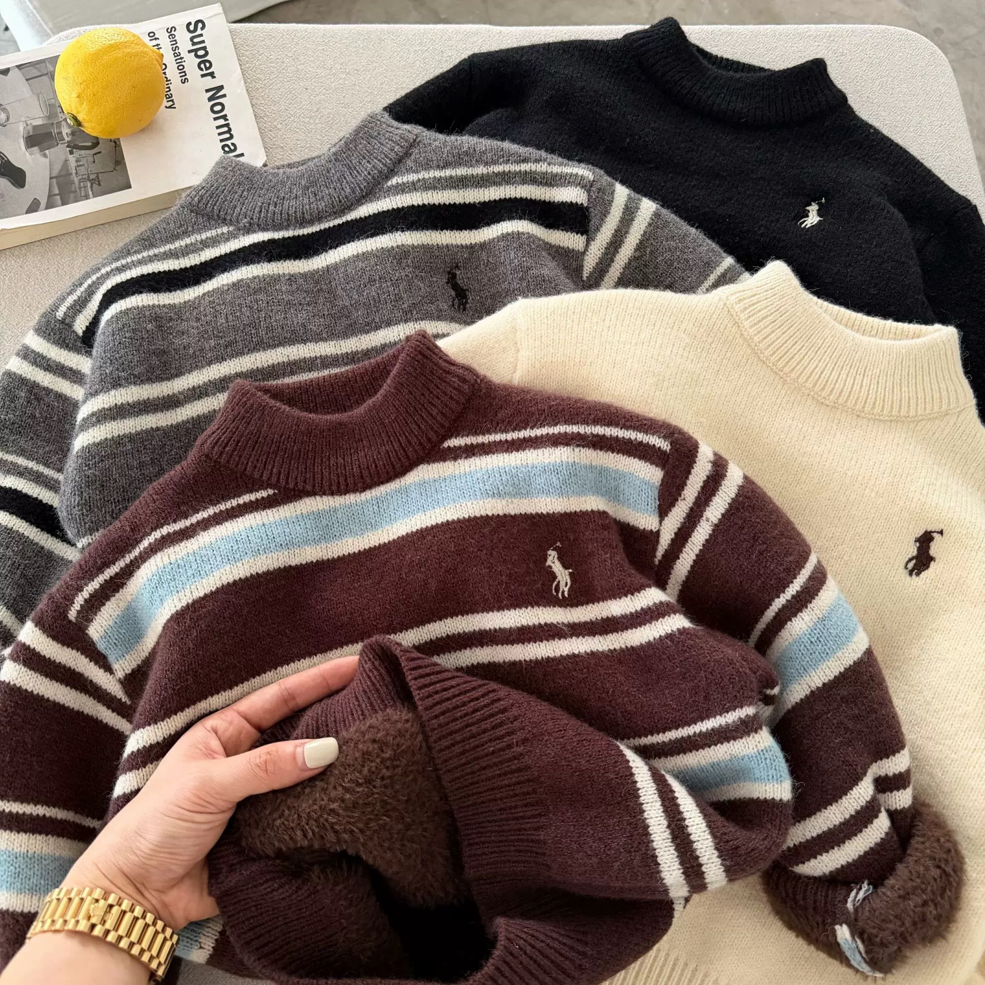Children's Fleece Knitwear 2025 Autumn and Winter New Style Boys' Trendy Brand Stripesd Embroidered Knitwear Baby Kidsren's Pullover