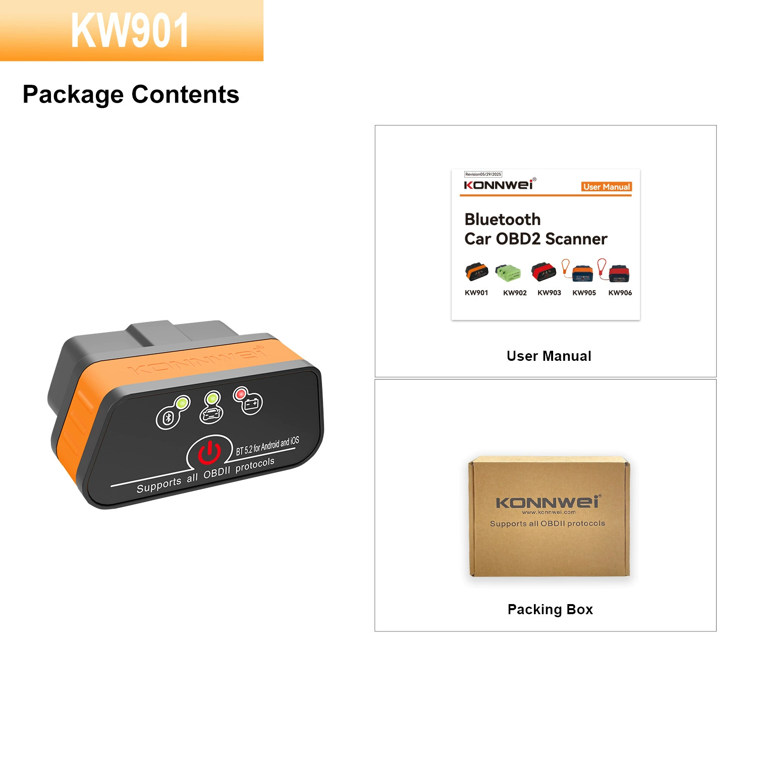 Автосканер KONNWEI KW901 OBDII EOBD для автомобилей с Bluetooth 5.2/5.0