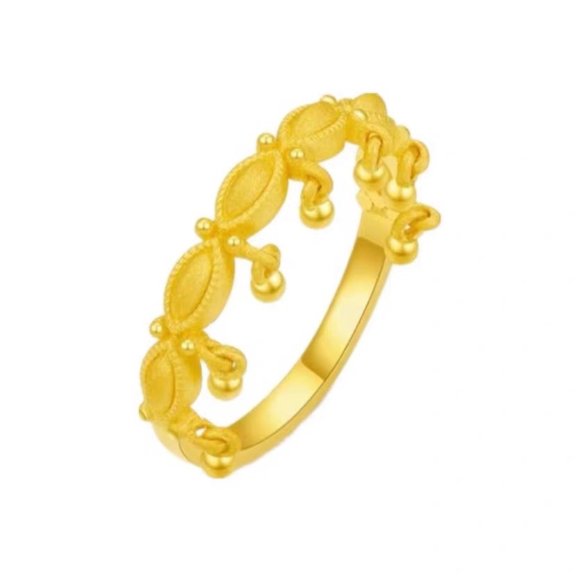 Vintage Gold Plated Wave Tassel Ring With Lucky Bead Elegant_voghion.com