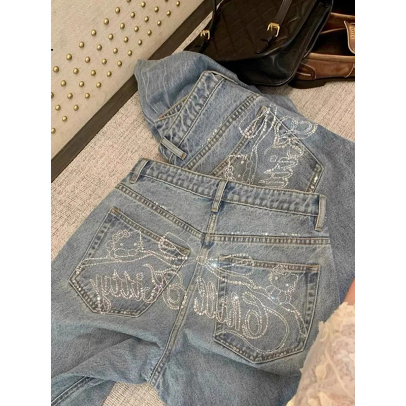 美式复古重工烫钻蝴蝶结牛仔裤女2025新款高腰显瘦直筒阔腿长裤子|undefined