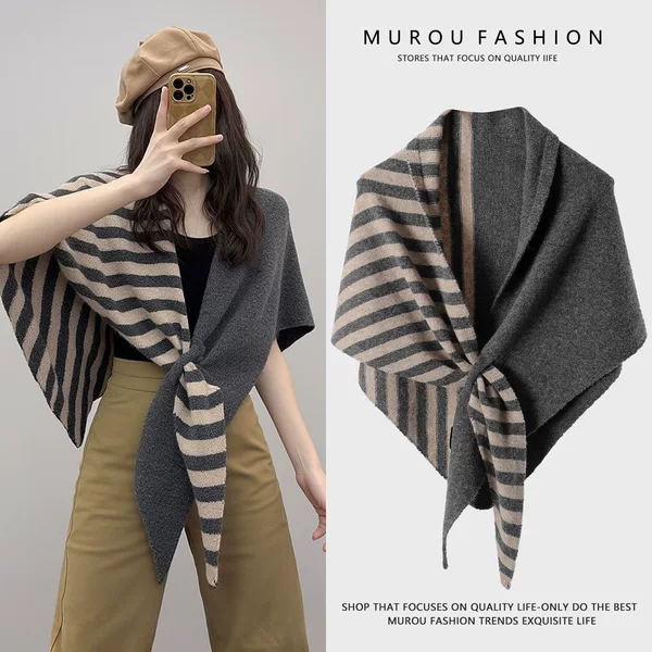 High-End Striped Wool Triangle Scarf Shawl for Women in Autumn and Winter, Warm and Versatile Knitted Neck Protector for Air-Conditioned Rooms