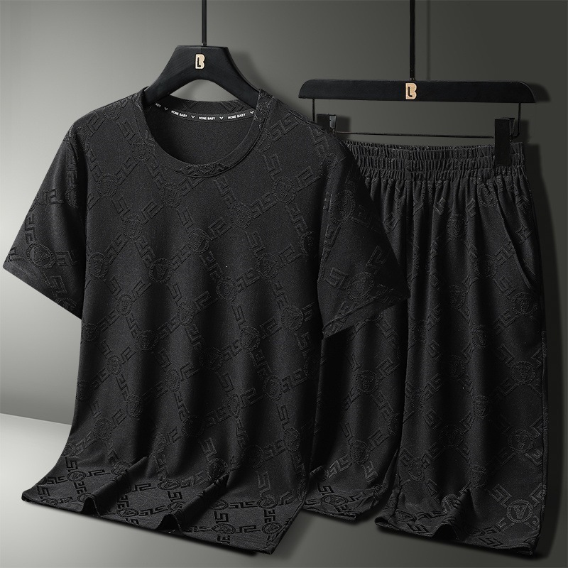 Jacquard de dos piezas pijamas de hombre verano nuevo transpirable secado rápido pantalones cortos de manga corta de mediana edad juvenil traje delgado para hombres para correr