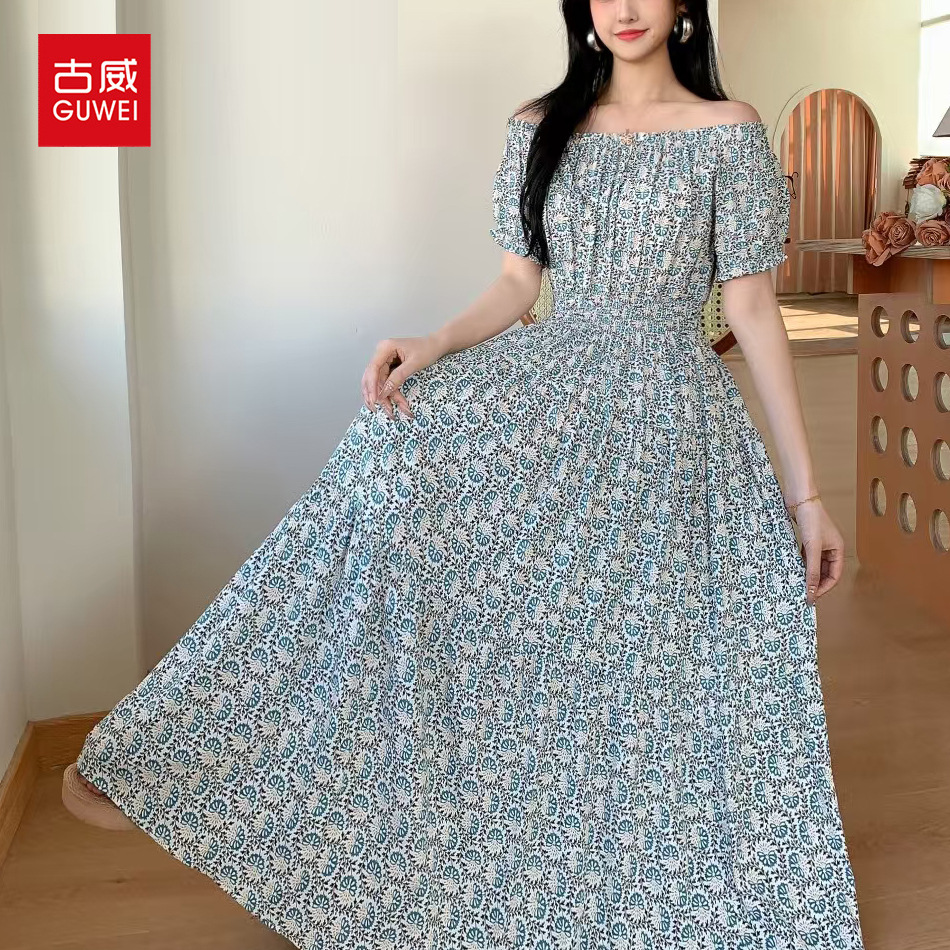 跨境露肩一字领棉绸法式连衣裙夏季波西米亚海边度假裙旅游沙滩裙