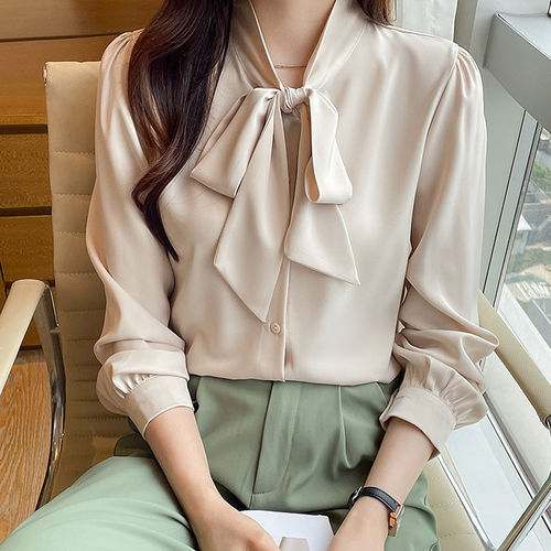Autumn White Long-Sleeve Chiffon Shirt for Women with Flowing Hem, Korean Style Blouse with Belted Top, Gentle Wind Quality, Wearable as an Outer Shirt