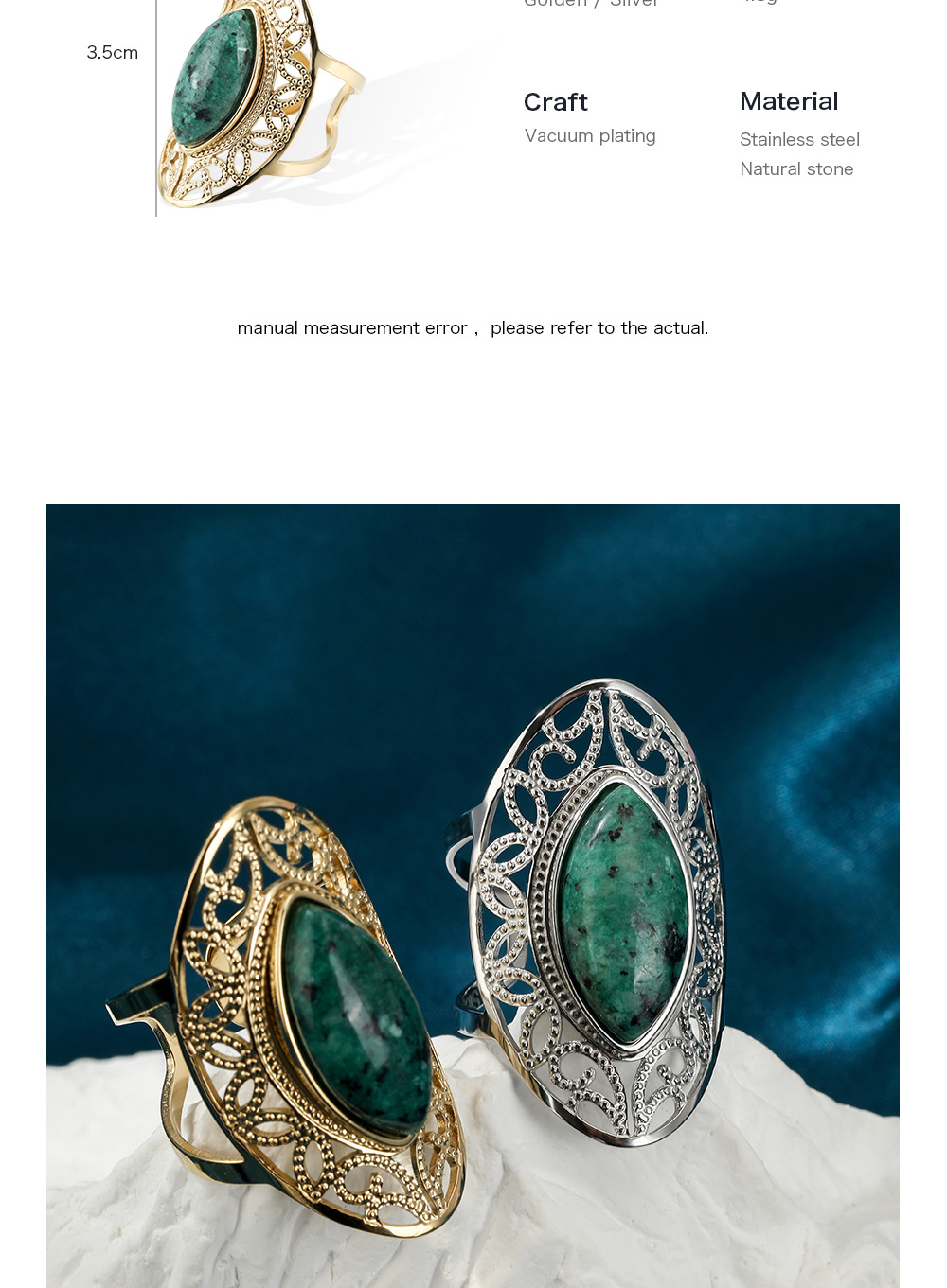 New Ethnic Style Retro Opening Ring Stainless Steel Natural Turquoise Adjustable Ring