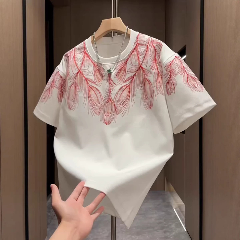 Heavy-Duty Feather Embroidery Trendy Brand Short-Sleeve Men's T-Shirt 2026 Spring/Summer New Casual Loose American-Style Round Neck Design T-Shirt Heavy-Duty Feather Embroidery Trendy Brand Short-Sleeve Men's T-Shirt 2026 Spring/Summer New Casual Loose American-Style Round Neck Design T-Shirt