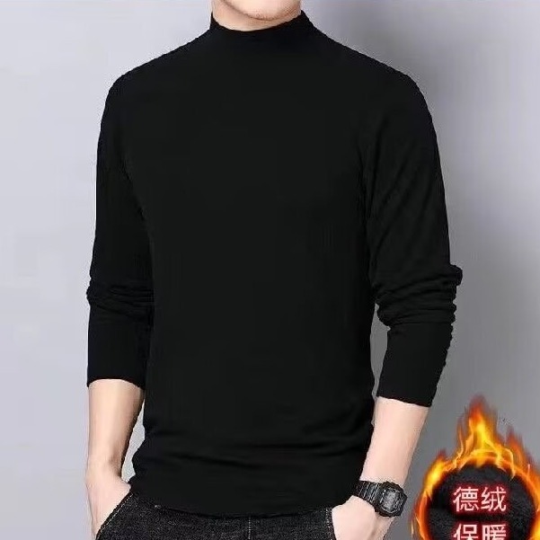 Fabricante de origen camiseta de manga larga de terciopelo de doble cara para hombre otoño e invierno de terciopelo alemán con cuello medio, ropa de otoño de color sólido, camisa de fondo de cuello medio alto