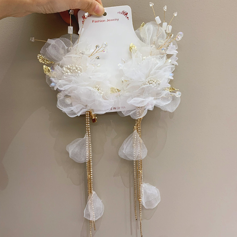 韩式新娘婚纱花朵仙飘飘白色纱花叶子手工发夹超仙烫花头饰对夹