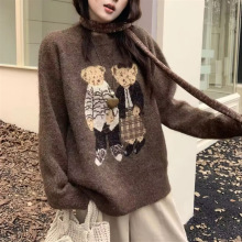 复古韩版卡通小熊提花圆领针织衫女秋季新款宽松套头毛衣女上衣潮