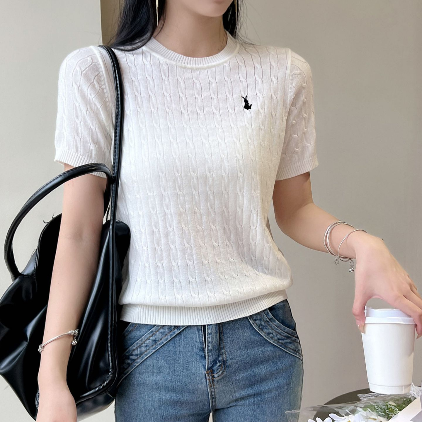 Summer 2024 New Ice Silk short-sleeved sweater wool twist embroidered thin casual all-matching top for women