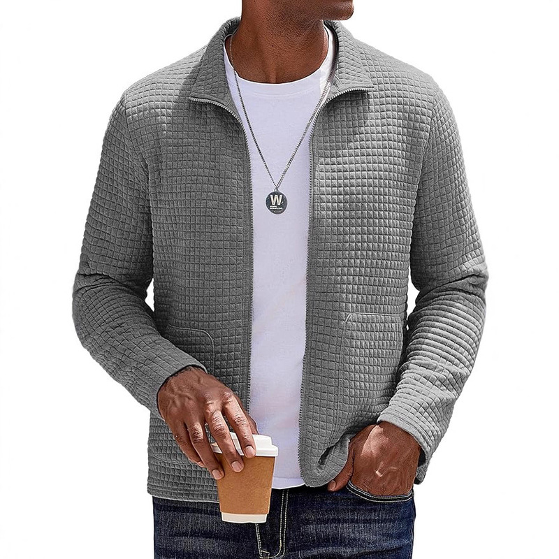 European and American Men's Lightweight Baseball Jacket Casual Bomber Jacket Waffle Zipper Solid Color Coat with Pockets European and American Men's Lightweight Baseball Jacket Casual Bomber Jacket Waffle Zipper Solid Color Coat with Pockets