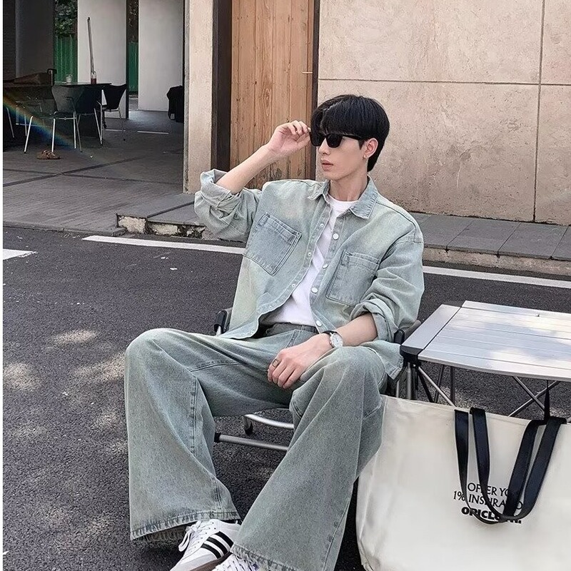 Washed Old Denim Shirt Jacket Men's Japanese-style Trendy Brand Pluck Handsome Loose Casual suit Jeans Set