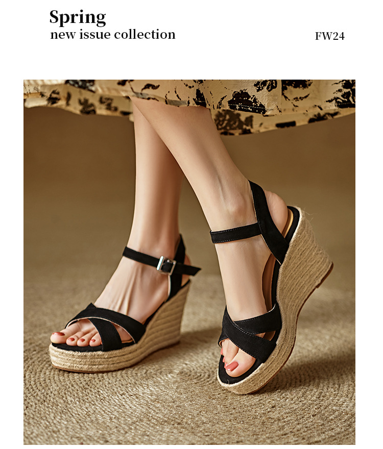 Sandal cao gót nữ đế xuồng đan rơm, quai ngang, hở mũi, gót 10 cm — màu đen, màu mơ chi tiết 15
