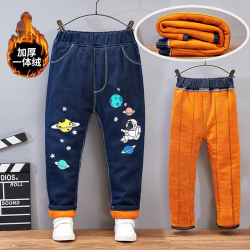 Children's clothing boys' velvet pants thickened winter one-piece velvet medium and large children's warm pants baby denim cotton pants winter