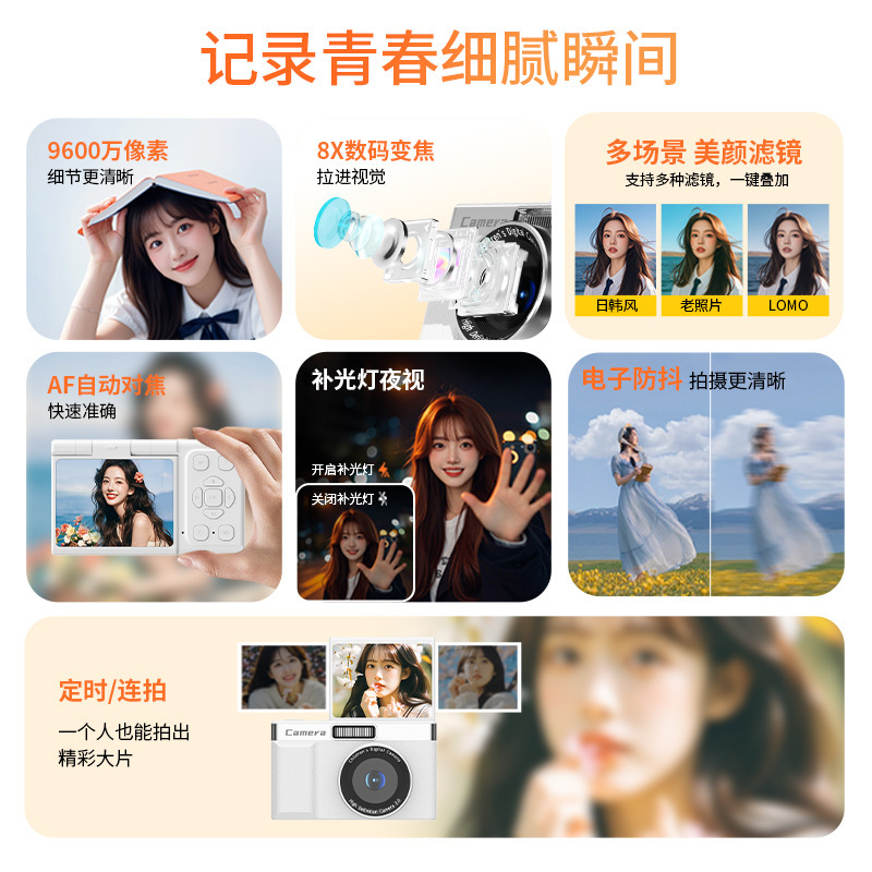 国境を越えた人気のレトロなccdデジタルカメラフリップスクリーンビデオキャンパス学生パーティー手頃な価格のカードマシン|undefined