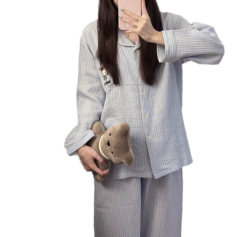 韩系蓝色条纹睡衣女春秋季新款婴儿纯棉纱布长袖卡通家居服两件套|undefined