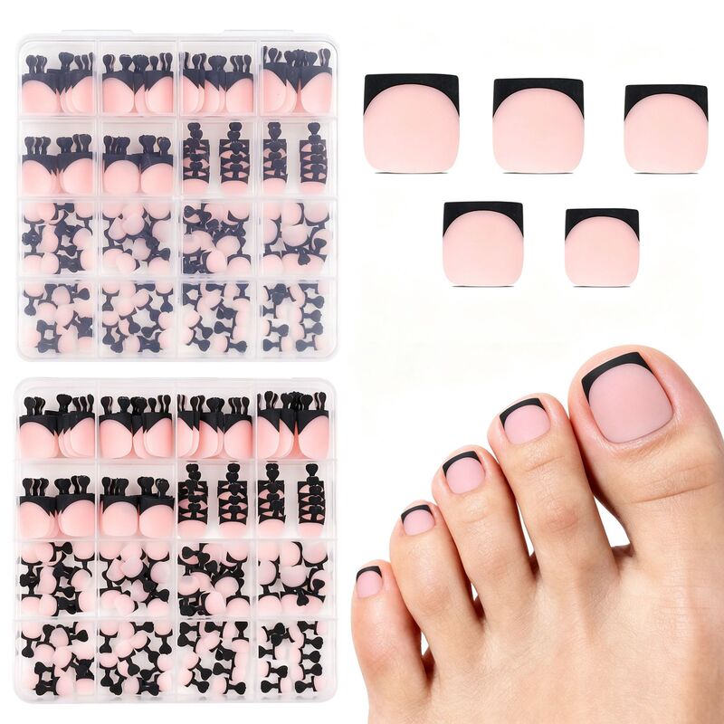 Foreign trade short square toe nail tips, 160 pieces per box, black-edged French style, wearable and removable press-on toenail tips Foreign trade short square toe nail tips, 160 pieces per box, black-edged French style, wearable and removable press-on toenail tips