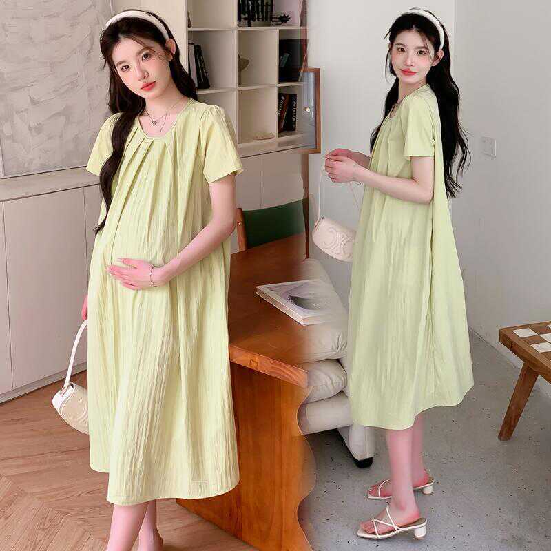 Pregnant Women's Dress Summer High-end 2024 New Style Silk Sliding Draped Pleated Loose plus size Simple Pregnant Women's dress