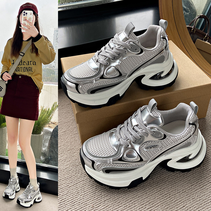 Popular Versatile Thick-Soled Dad Shoes for Women, Height-Increasing for Petite Individuals, 2026 Spring/Summer New Super Trendy Silver Sports Casual Shoes Popular Versatile Thick-Soled Dad Shoes for Women, Height-Increasing for Petite Individuals, 2026 Spring/Summer New Super Trendy Silver Sports Casual Shoes
