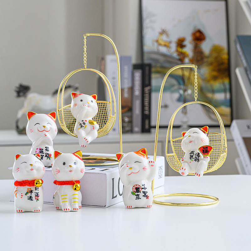 铁艺摇篮招财猫摆件陶瓷创意客厅店铺开业礼品发玄关财猫定制LOGO