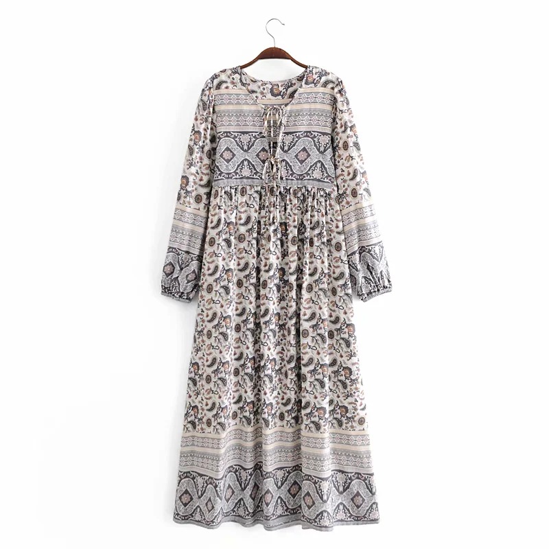 retro rayon print wide loose bohemian dress NSAC42613