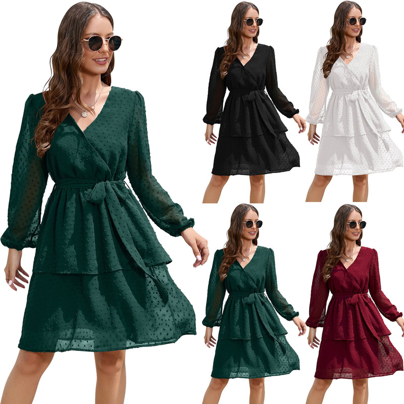 European and American Export Women's Chiffon V Neck Short Skirt Amazon Popular Long-Sleeved Cocktail Party Dress Women's Dress