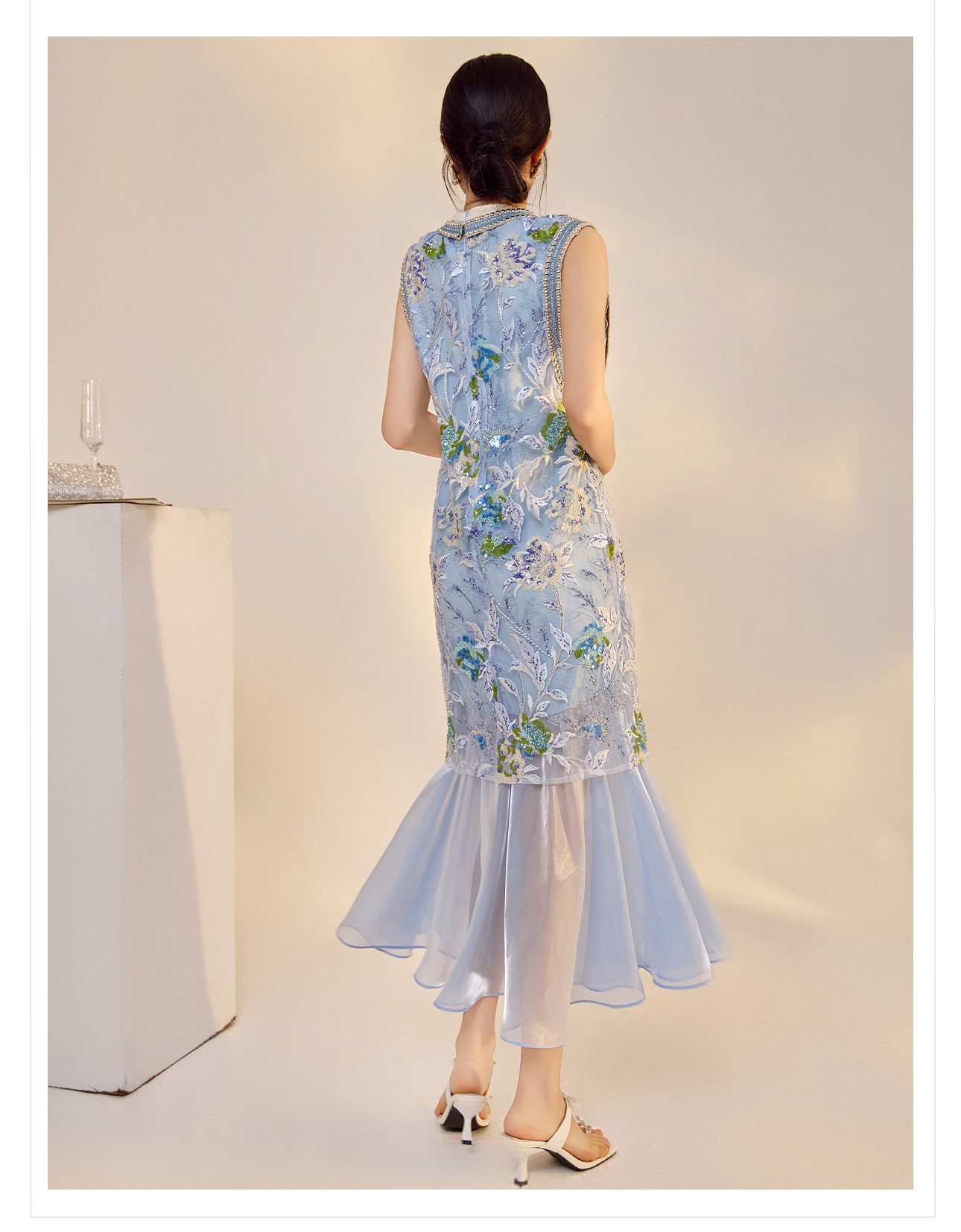 Váy sườn xám maxi thêu sequin phong cách Trung Quốc mới mùa hè N5042 — hồng, Xanh lam sông băng chi tiết 17