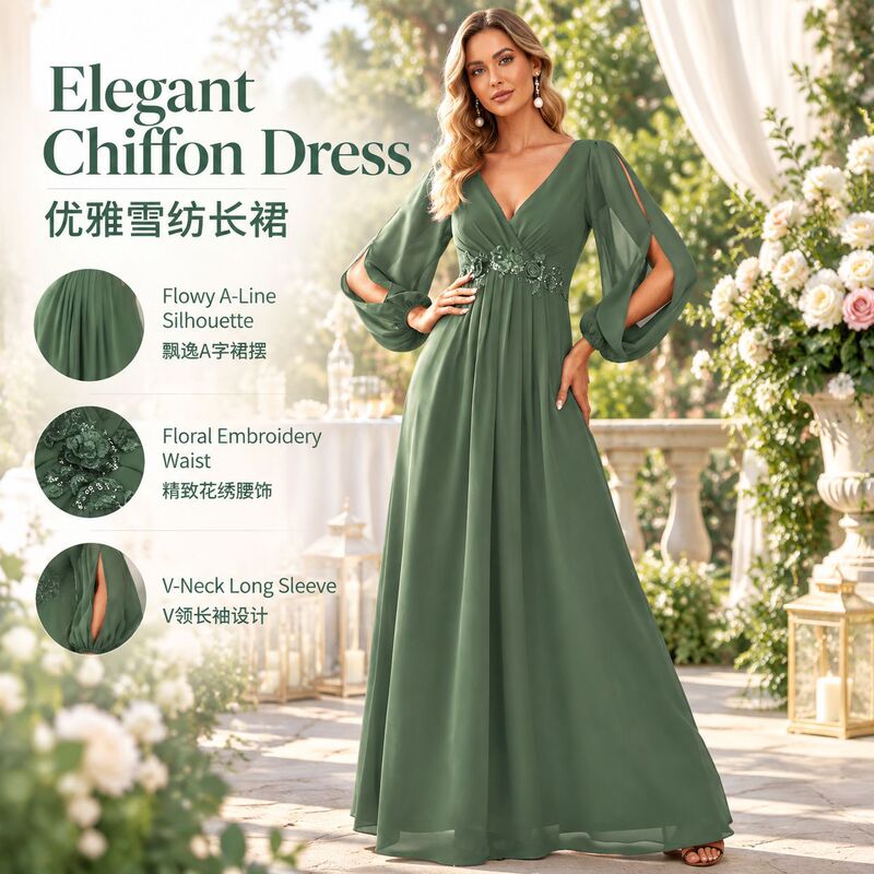 Cross-border women's V-neck long-sleeve floor-length pleated chiffon A-line formal evening dress with waist-cinching design for brides